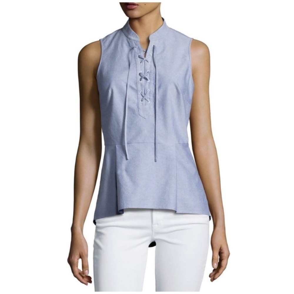 Veronica Beard Blue Lace Up Front Sleeveless Pleated Peplum Hem Jean Top Size 6
